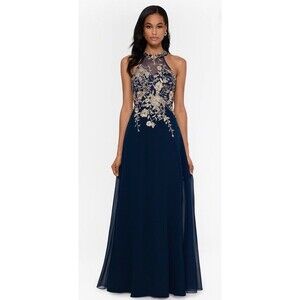 Betsy & Adam Navy & Gold Beaded Illusion Bodice Formal Dress Size 16 Wedding